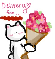 a drawing of a cat holding a bouquet of flowers with the words delivery for it