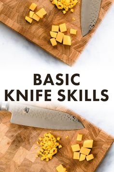 two cutting boards with cheese on them and the words basic knife skills written in black