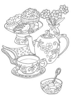 tea set with cupcakes and muffins coloring page