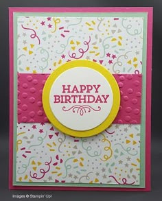 a happy birthday card with pink and yellow trim