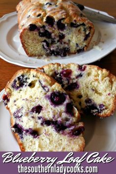 blueberry loaf cake on two white plates