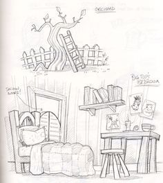 this is a drawing of a room with furniture and bookshelves