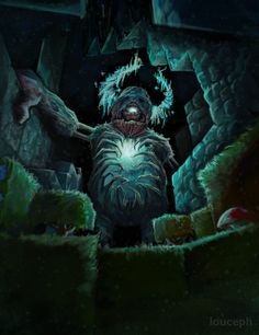 an illustration of a monster with glowing eyes in the middle of a dark cave at night