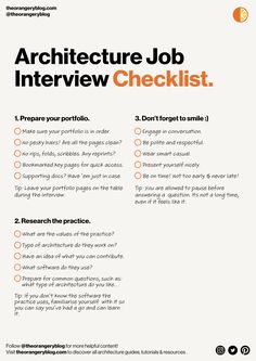 a job interview checklist is shown in orange and white with the words,'architecture job interview checklist '