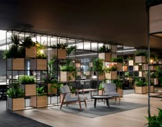 an office filled with lots of plants and wooden boxes on the wall next to chairs