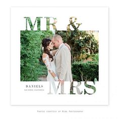 a wedding photo with the words mr and mrs printed in white on top of it