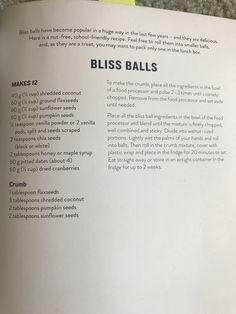 an open book with instructions on how to make bliss balls