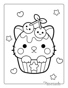 hello kitty cupcake with stars and hearts coloring page for kids to print out on