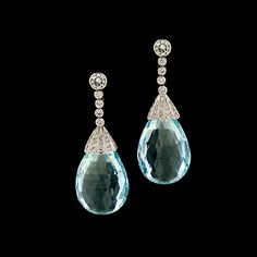 Antique aquamarine and diamond briolette earrings Aquamarine Earrings Vintage, Briolette Earrings, Aquamarine Earrings, Gem Earrings, Diamond Dangle Earrings, Creative Jewelry, Pear Shaped, Round Brilliant