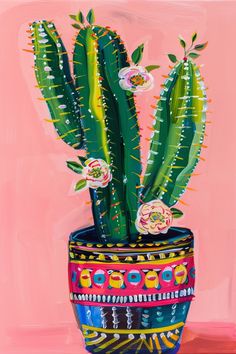 a painting of a cactus in a pot on a pink background with flowers and leaves