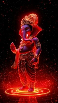 an image of the god ganesha in red and orange colors with stars around it