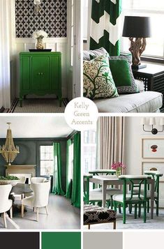 a collage of green and white living room furniture, dining room chairs, and kitchen table