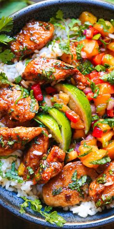 Cilantro-Lime Honey Chicken Bowls with Peach Salsa and Rice in a blue bowl. Honey Lime Chicken Bowl, 30 Minute Healthy Meals, Medeteranian Bowl Recipes, Summer Rice Recipes, One Pot Summer Dinners, Whole 30 Dinners For Family, Summer Protein Meals, Couscous Bowl Recipes, Dinner Bowls Recipes