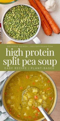 Classic Split Pea Soup Vegan Pea Soup, Pea Soup Vegan Recipe, Vegan Plant Based, Vegan Recipes Soup, Healthy Pea Soup, Soup High Protein, High Protein Soy Free Vegan Meals, Instapot Soup Vegetarian, Puree Soups High Protein