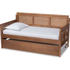 a bed with a wooden frame and mattress on it's side, in front of a white background