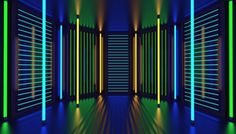 an image of a hallway with neon lights and bars on the walls that are open