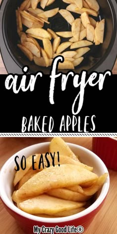 air fryer baked apples in a bowl with text overlay that reads, air fryer baked apples so easy