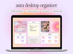 an open laptop computer sitting on top of a pink surface with pictures and text above it