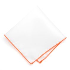 Effortlessly add a pop of color to your look with this men's white pocket square, edged in neon orange. Measures approximately 9.5-inches square unfolded. Looks great on its own or paired with our neon orange line of ties. Product Features • Measures approximately 9.5" by 9.5" • Finished colored edges• Colors are white and neon orange • Made from 100% Polyester • Light satin finish• One sided • Imported White Pocket Square, Orange Line, Neon Orange, One Sided, Pocket Square, Color Pop, Stitching, Mens Accessories, Neon