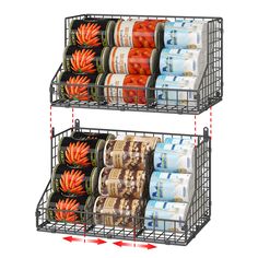 two metal baskets filled with food on top of each other and arrows pointing to the bottom