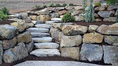 a stone wall with plants and rocks in the ground next to it on a hillside