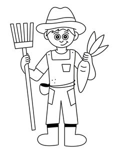 a black and white drawing of a farmer holding a pitchfork, carrots and corn