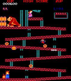 an old - school video game with donkey kong on the screen and other characters in action