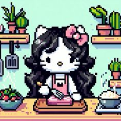 a cat is sitting at a table with sushi in front of it and cactuses on the shelves