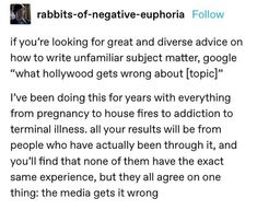 an image of a text message that reads, rabbits - negative euphria follow if you're looking for great and diverse advice on how to write familiar subject matter matter