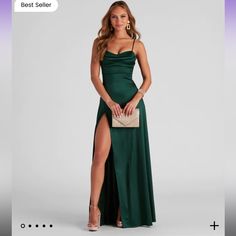 Emerald Green. New With Tags. Size Small. Emerald Green Prom Dress Long Satin, Emerald Green Prom Dress Long, Emerald Green Prom Dresses, Emerald Prom Dresses, Emerald Green Formal Dress, Emerald Green Satin Dress, Green Prom Dress Long, Emerald Green Prom, Satin Cowl Neck Dress