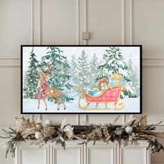 a christmas scene with reindeers pulling a sleigh through the snow and trees