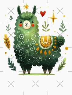 an illustration of a green llama surrounded by leaves and stars on a white background