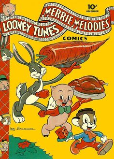 an old comic book with cartoon characters on the cover and in front of it is a rabbit holding a carrot