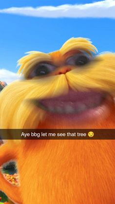 the lorax is smiling with his mouth wide open, and there are other cartoon characters in the background