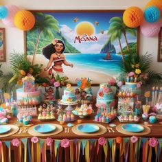 Let your little one's imagination soar with a Moana-inspired celebration featuring beautiful decorations and mouthwatering treats! 🌊🎉  Click through to see more Moana themed birthday party desserts and decorations. You also won't want to miss our Moana party planning guide.  Please pin and share this art with your friends and family. Follow us to receive the latest updates. 🙏 Moana Themed Birthday Party, Movie Themed Birthday Party, Party Planning Guide, Budget Party, Birthday Party Desserts, Beautiful Decorations