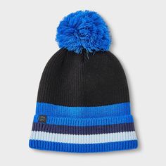 Amp up your accessories with the Kids' Striped Cuff Pom Beanie from All In Motion™ in Cobalt Blue One Size Fits Most. This fashion beanie is made of midweight knit fabric with full-lining for all-day cozy comfort. It features allover sparkle detailing with a pom-pom accent on the top to add a cute touch to their cool-weather outfit. Plus, the pull-on style allows for easy on and off. All in Motion™: Inspiring the potential in every body. Fashion Beanie, Flat Bill Hats, Flat Brim Hat, Men's Beanies, All In Motion, Scarf Hat, Pom Beanie, Fur Pom Pom, Brim Hat