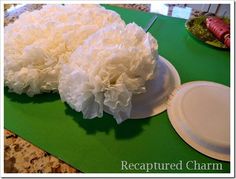 there are two white flowers on top of the paper plates that have been placed on the table