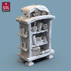 a white wooden shelf with lots of items on it and the words stl miniatures above it