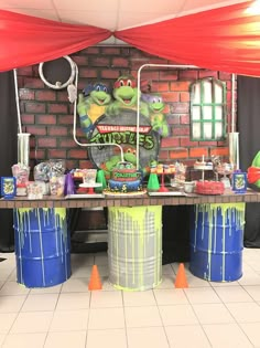 the teenage mutant birthday party is set up