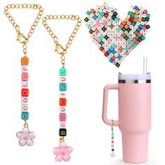 three different types of necklaces and a coffee cup