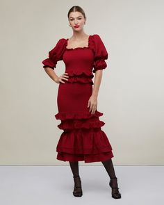 Romantic embellishments are at the heart of this jacquard dress. Smocked all over to create a body-hugging fit, it features ruffles along the square neckline and the puff sleeves, while several more, edged with picot, detail the waist and long, fluttery skirt. Lattice lace trim encircles the tiered hemline. Neckline ruffle Puff sleeve with ruffle Fully smocked body Two waistline ruffles with picot trim Two ruffles at skirt with picot trim 2 skirt bottom tiers with inset ladder lace trim 96% Poly Fitted Tiered Puff Sleeve Dress With Gathered Sleeves, Fitted Puff Sleeve Midi Dress With Smocked Back, Fitted Midi Dress With Elastic Sleeves And Square Neck, Fitted Dress With Gathered Sleeves And Tiered Skirt, Elegant Smocked Midi Dress With Ruffle Hem, Elegant Midi Smocked Dress With Ruffle Hem, Chic Puff Sleeve Dress With Ruffles And Straight Neckline, Fitted Midi Dress With Smocked Back And Tiered Skirt, Evening Midi Dress With Ruffles And Square Neck