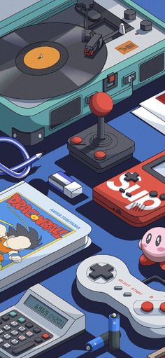 nintendo wii controllers and other electronic devices on a blue surface with an old record player in the background