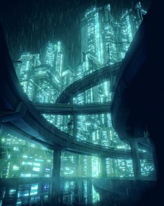 a futuristic city at night in the rain