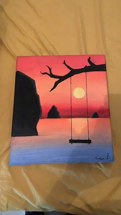 a painting of a sunset with a swing in the foreground