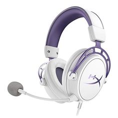 a white and purple gaming headset with a microphone on the headphone is shown