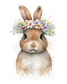 a watercolor painting of a rabbit wearing a flower crown