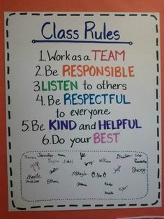 a classroom rules poster hanging on the wall in front of a bulletin board that says class rules