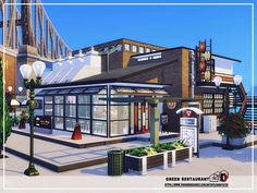 an artist's rendering of a small restaurant on the corner of a city street