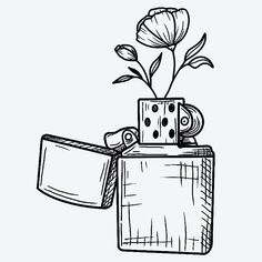 a black and white drawing of a flower in a mug with a tag on it