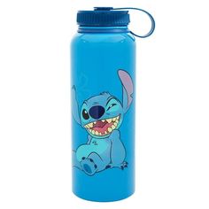 a blue water bottle with an image of stitch